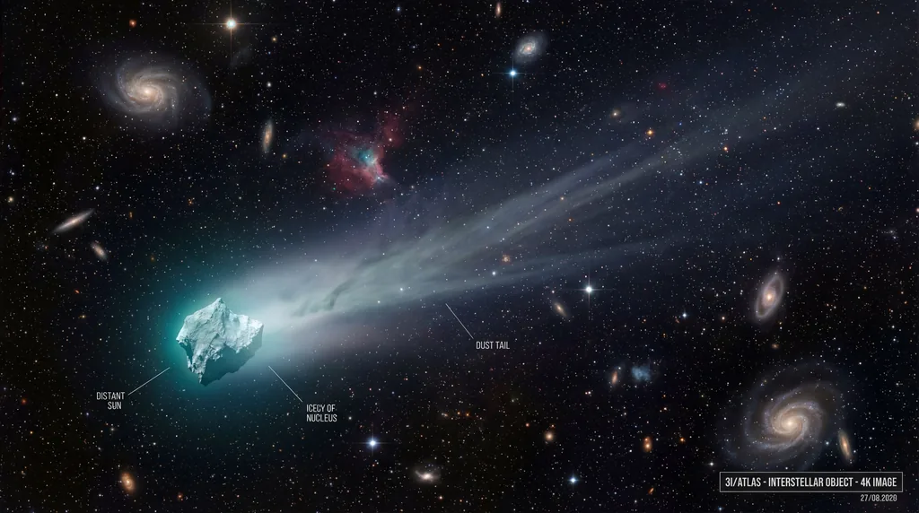 A glowing icy comet with a long tail streaking through a star-filled deep space background.