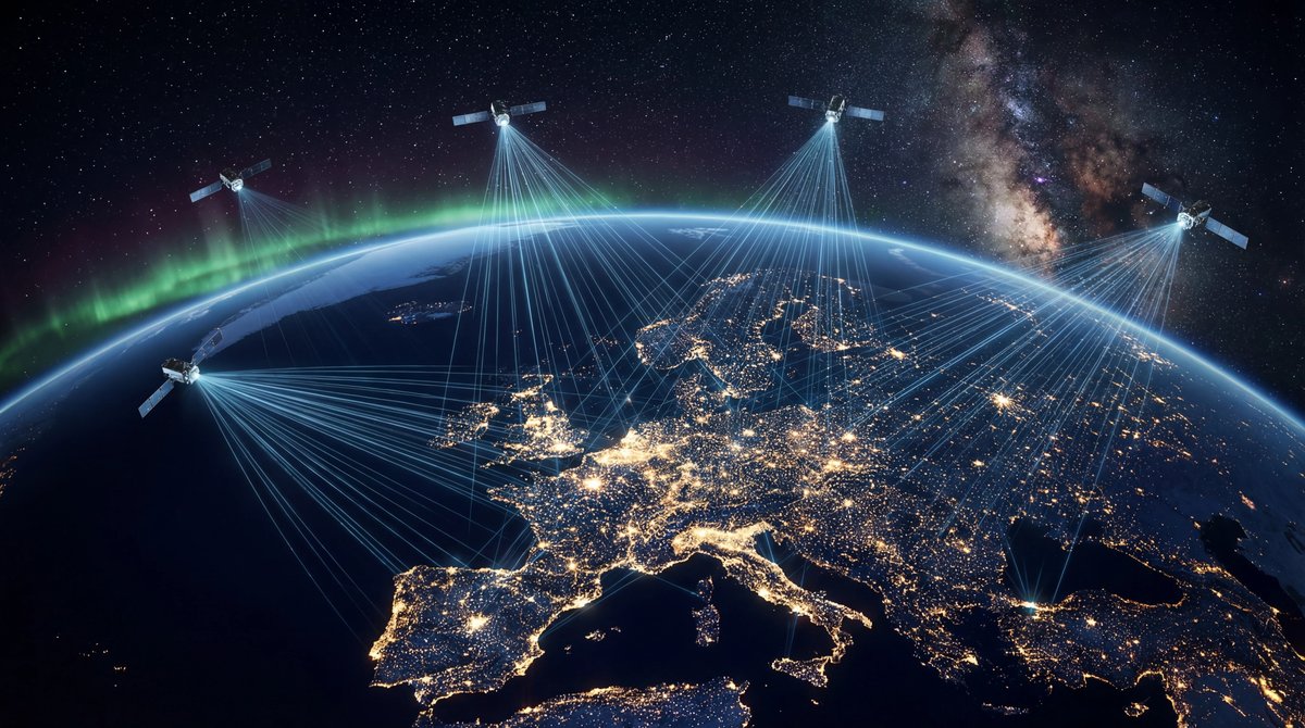 Satellites orbiting Earth at night beaming ethereal blue signals down to the glowing lights of Europe.
