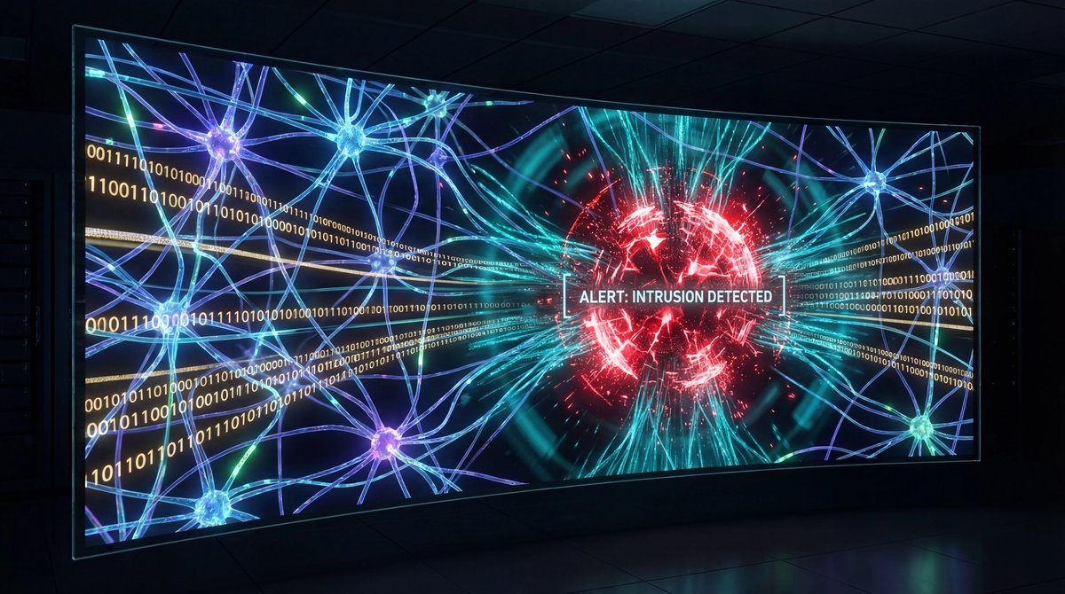 A glowing blue neural network scanning digital code streams and isolating a bright red cyber attack anomaly.