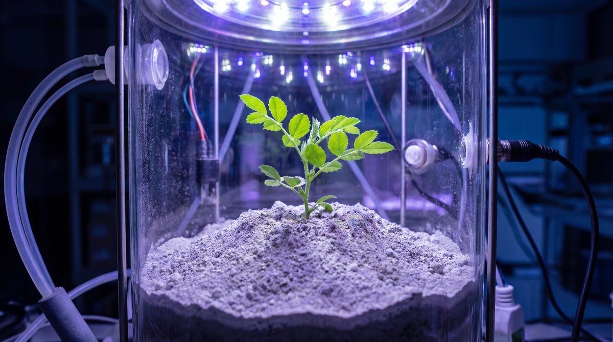 A green chickpea plant growing out of grey moon soil in a glass container under dramatic laboratory lighting.