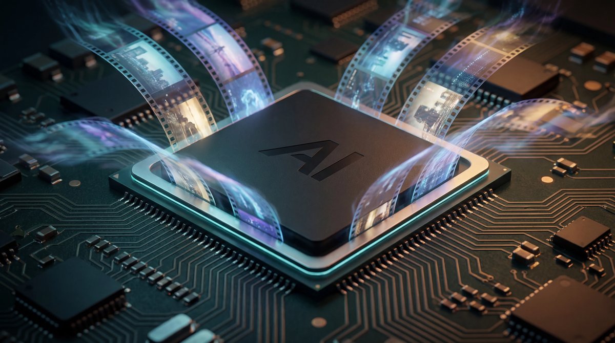 Close-up of a computer chip emitting glowing holographic film strips, symbolizing rapid AI video creation.