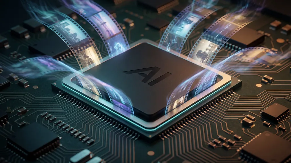 Close-up of a computer chip emitting glowing holographic film strips, symbolizing rapid AI video creation.