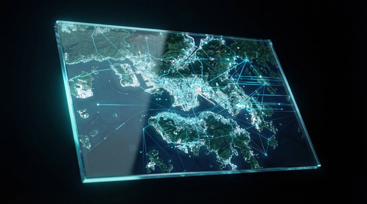 Glowing holographic satellite map of a coastal city with digital analysis nodes floating in a dark, high-tech studio space.