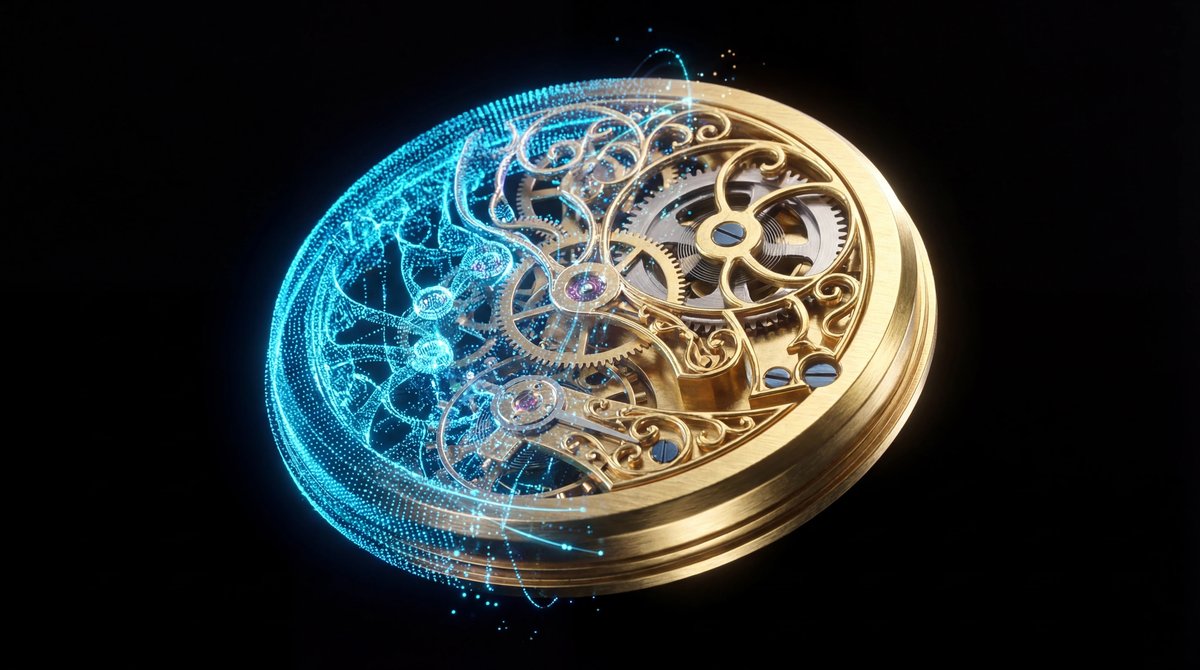 An object transforming from glowing blue digital data points into solid gold, representing 3D technology.
