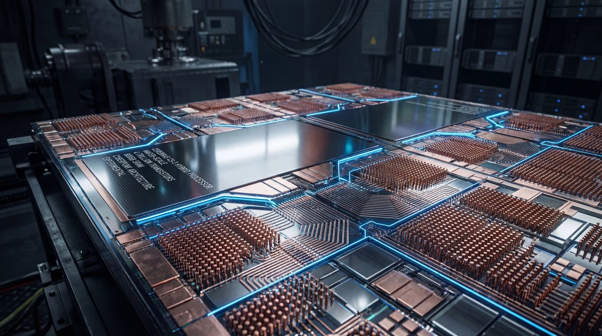 Macro shot of a silicon wafer surface with intricate gold and copper circuit pathways illuminated by dramatic blue light.