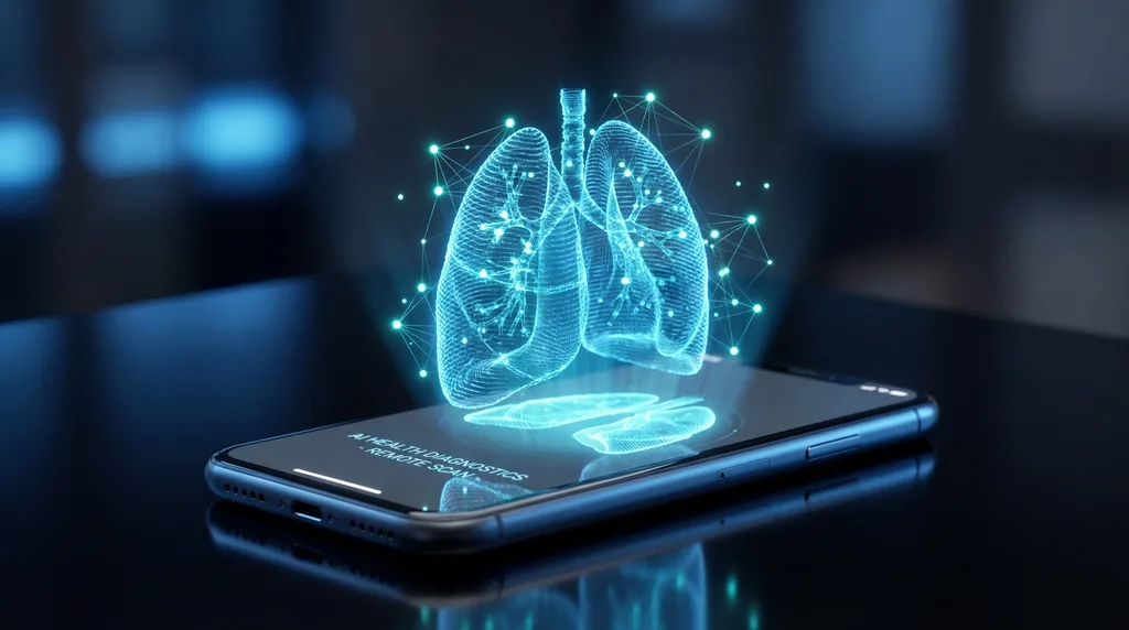 A modern smartphone on a dark surface emitting a glowing cyan 3D hologram of human lungs made of digital soundwaves.