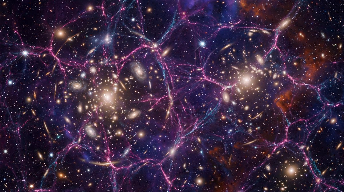 Ethereal glowing tendrils of a cosmic web connect bright galaxy clusters in deep space with colorful nebulas and stars.
