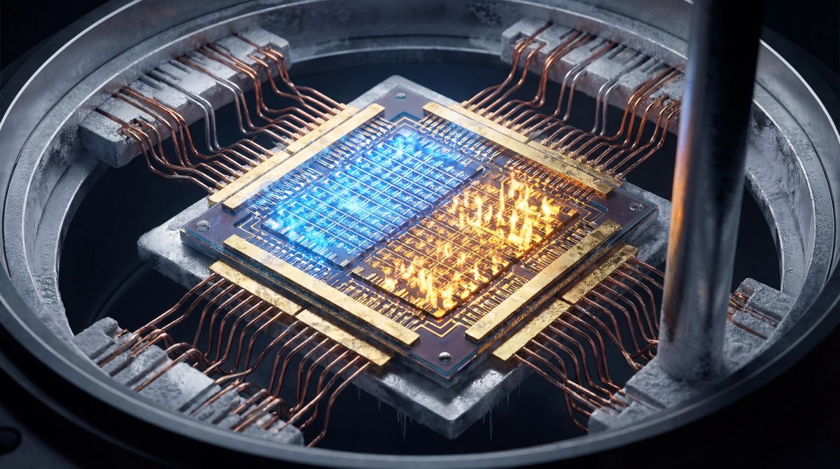 Macro photo of a quantum processor chip glowing with organized blue and scattered amber lights against a dark background.