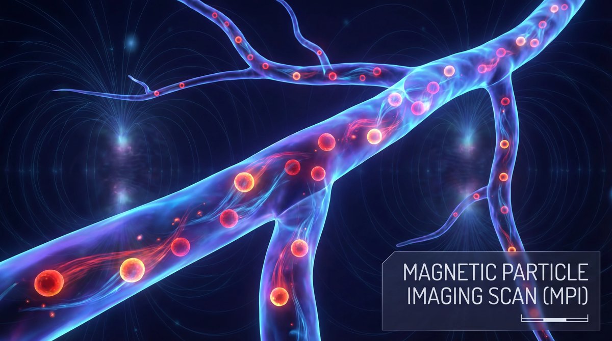 Glowing iron-oxide nanoparticles flowing through translucent branching blood vessels in deep blue and neon red lighting.