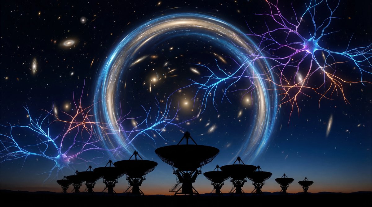 A glowing Einstein ring warps deep space above a silhouette of radio telescopes, interwoven with luminous digital networks.