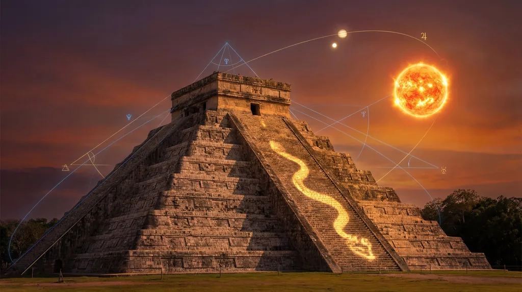 A Mayan pyramid at twilight with a serpent-shaped shadow on its steps, a setting sun, and Jupiter in the starry sky.