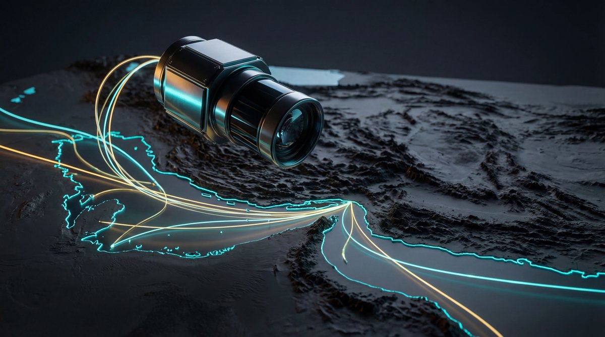 Close-up of a sleek satellite sensor over a dark 3D map of the Strait of Hormuz, lit by glowing blue and gold data lines.