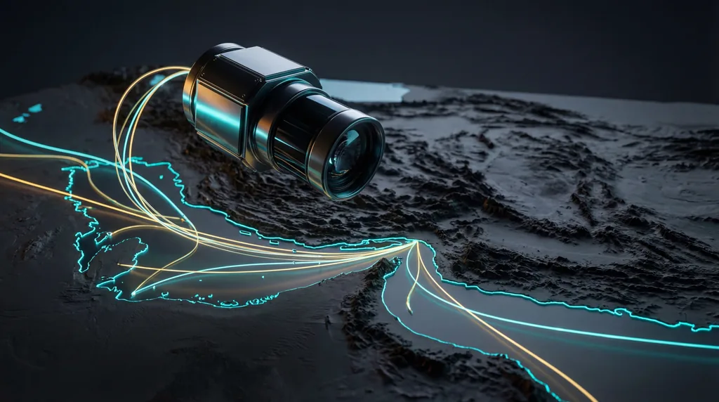 Close-up of a sleek satellite sensor over a dark 3D map of the Strait of Hormuz, lit by glowing blue and gold data lines.