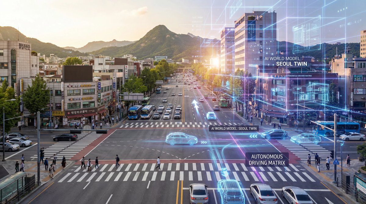 A photorealistic Seoul street blending into a glowing digital wireframe grid with vibrant data streams and autonomous cars.