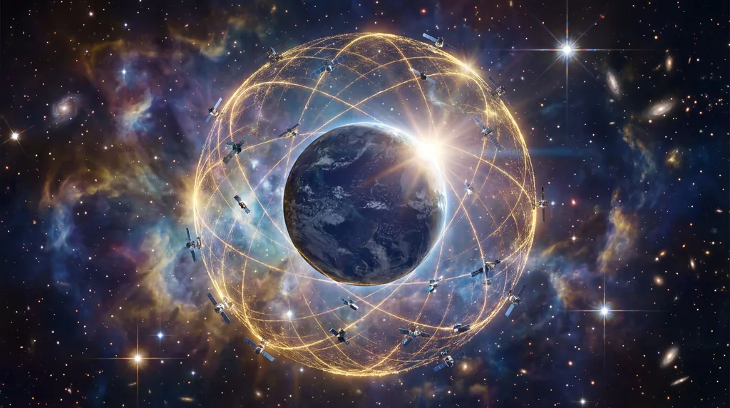 A glowing golden energy shield and advanced satellites in orbit above Earth, against a vibrant, star-filled deep space nebula.