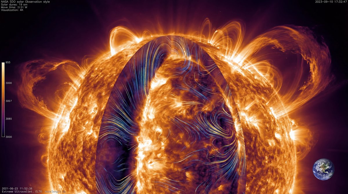 A glowing, detailed cross-section of the Sun showing internal swirling magnetic fields, surface flares, and Earth for scale.