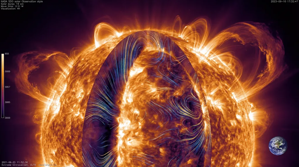 A glowing, detailed cross-section of the Sun showing internal swirling magnetic fields, surface flares, and Earth for scale.