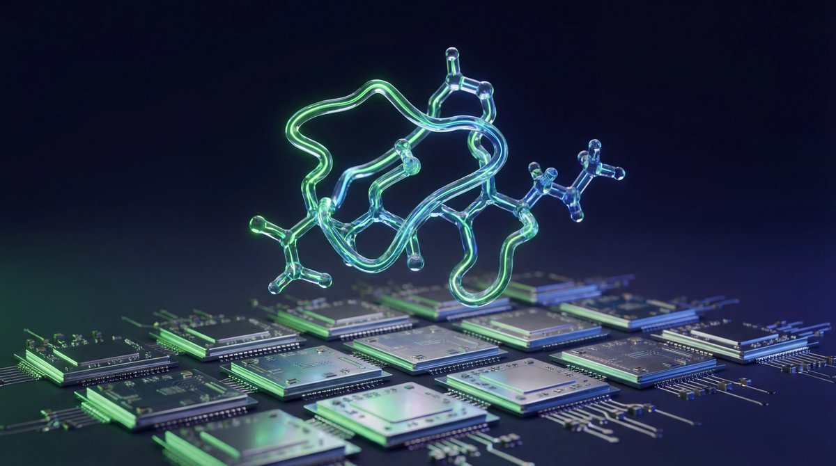Glowing molecular structure of insulin floating above sleek computer microchips illuminated by blue and green neon lights.
