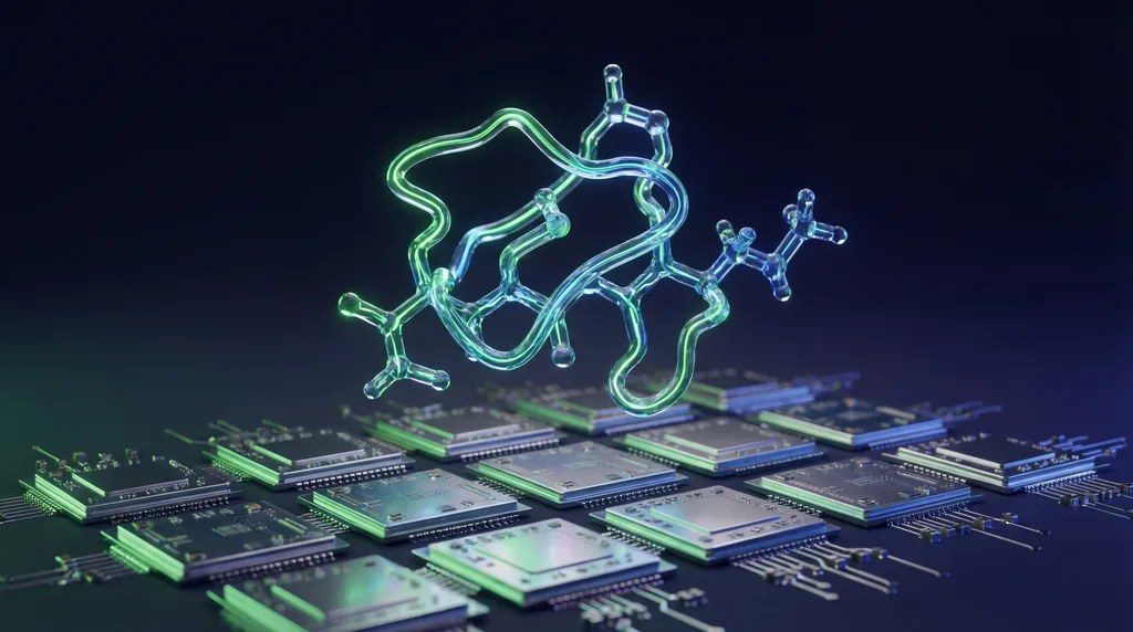Glowing molecular structure of insulin floating above sleek computer microchips illuminated by blue and green neon lights.