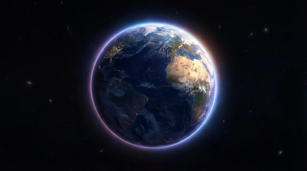 A hyper-realistic view of a glowing, Earth-like exoplanet with oceans and an atmosphere floating in deep, starry space.