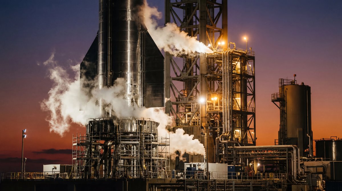 A massive stainless steel rocket booster on a launch pad, venting white vapor against a dramatic twilight sky.