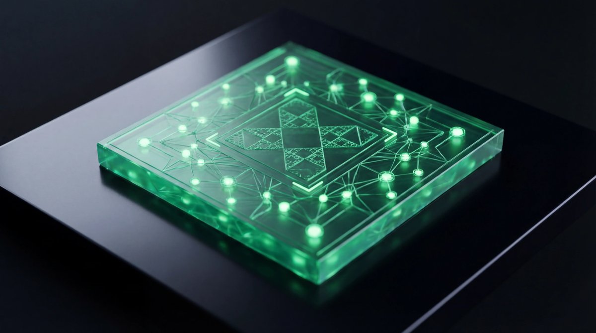 A glowing green microchip with intricate geometric patterns and dense neural pathways on a dark obsidian surface.