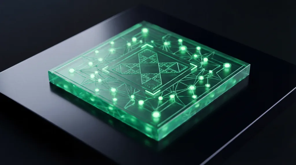 A glowing green microchip with intricate geometric patterns and dense neural pathways on a dark obsidian surface.