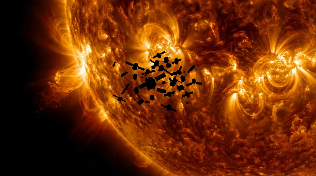 Futuristic satellite network orbiting Earth, silhouetted against a massive, fiery sun erupting with bright solar flares.