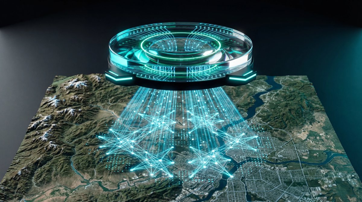 A glowing optical lens hovers over a detailed 3D satellite map, projecting cyan AI data grids in a dark studio setting.