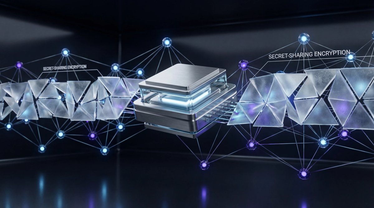 A glowing digital network of interconnected nodes partially obscured by translucent crystal geometric shapes.