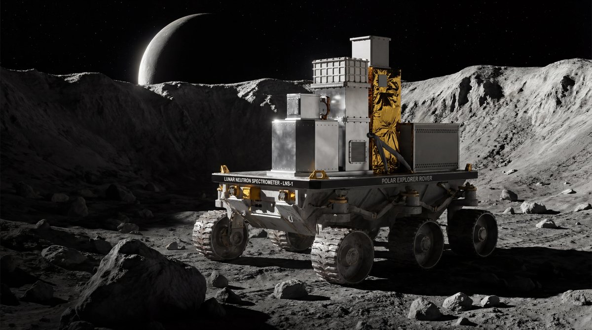 A close-up of a complex scientific instrument on a robotic lunar rover in the dark, cratered landscape of the Moon's pole.