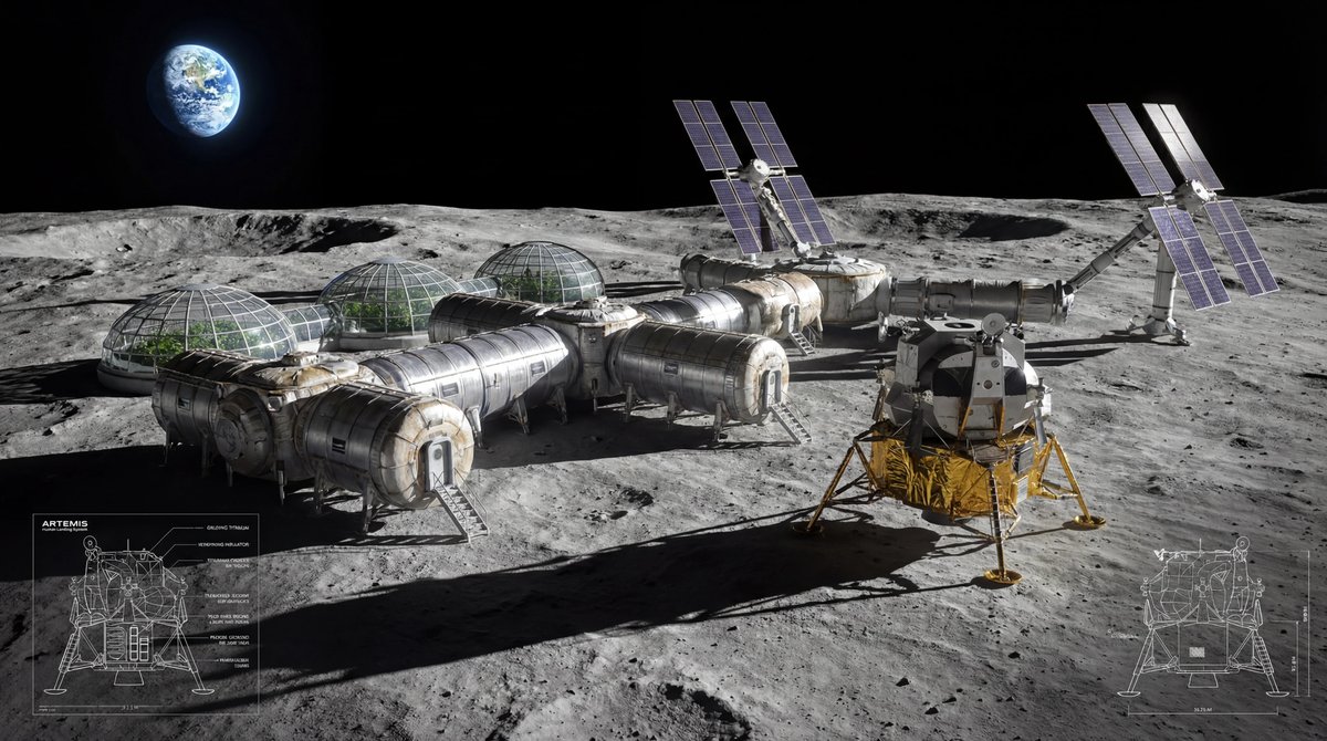 A high-tech lunar base with solar panels and spacecraft modules on the dusty, grey moon surface under a dark sky.