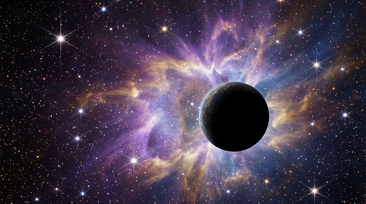 An Earth-like planet silhouetted against a vibrant, swirling purple and gold nebula in deep space.