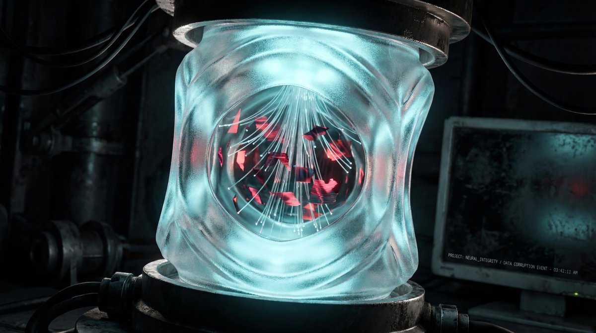 Glowing cyan digital neural network node with red glitching light fragments against a dark, minimalist tech background.