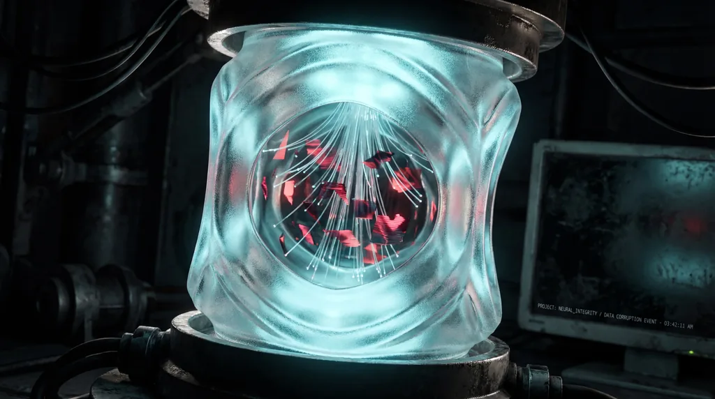 Glowing cyan digital neural network node with red glitching light fragments against a dark, minimalist tech background.