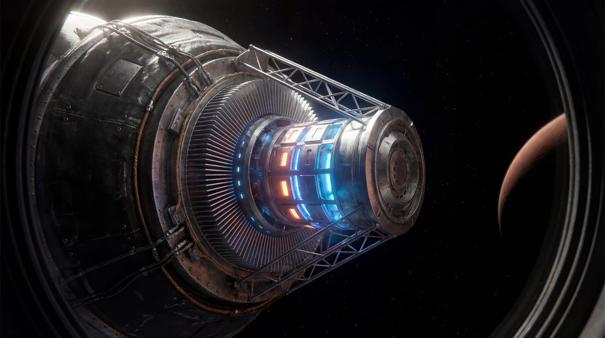 Close-up of a high-tech glowing nuclear space reactor vessel with Mars in the distant dark background.