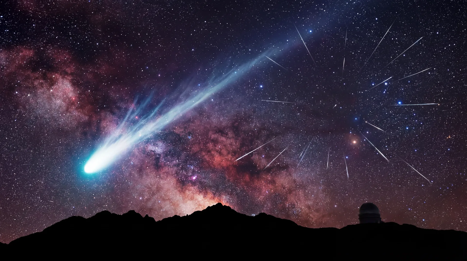 A comet and multiple meteor streaks illuminated against a dark, star-filled night sky above a silhouette landscape.
