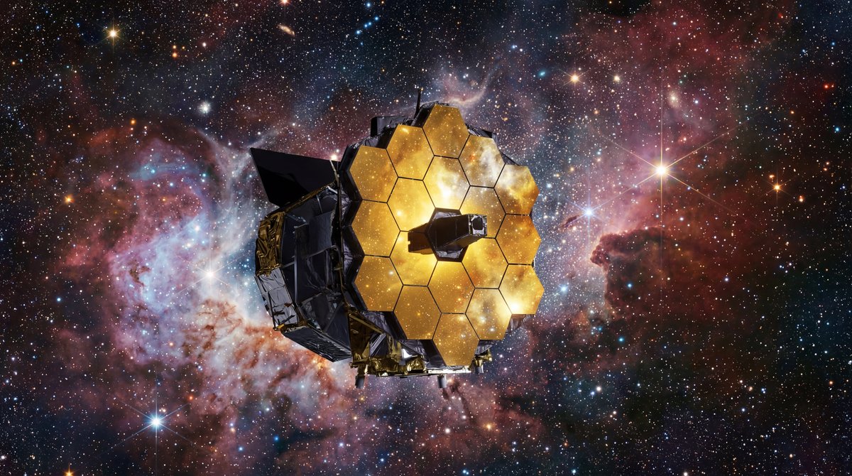 The golden-mirrored Roman Space Telescope floating in deep space against a backdrop of colorful nebulae and bright stars.