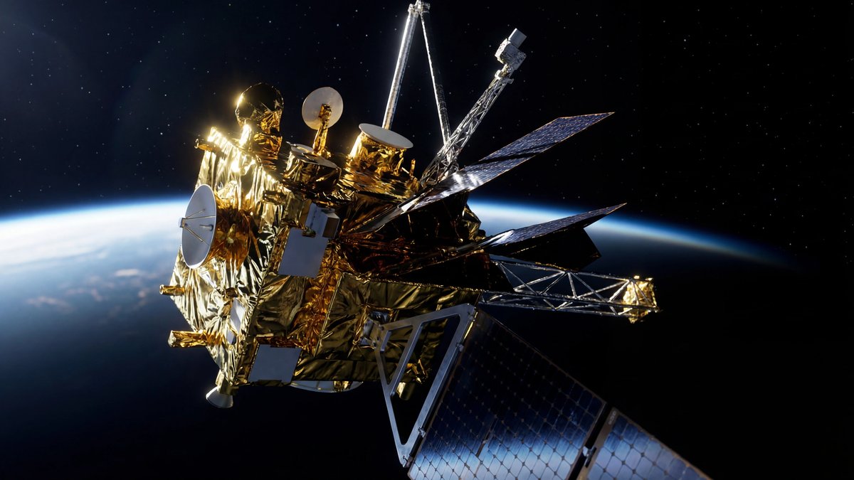 A gold-foil satellite with solar panels deployed against the dark curve of Earth from space.