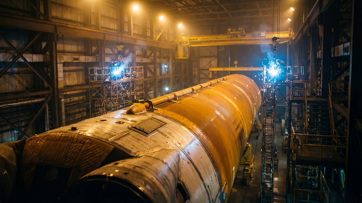A massive orange rocket core stage standing vertically inside a large, industrial aerospace manufacturing facility.