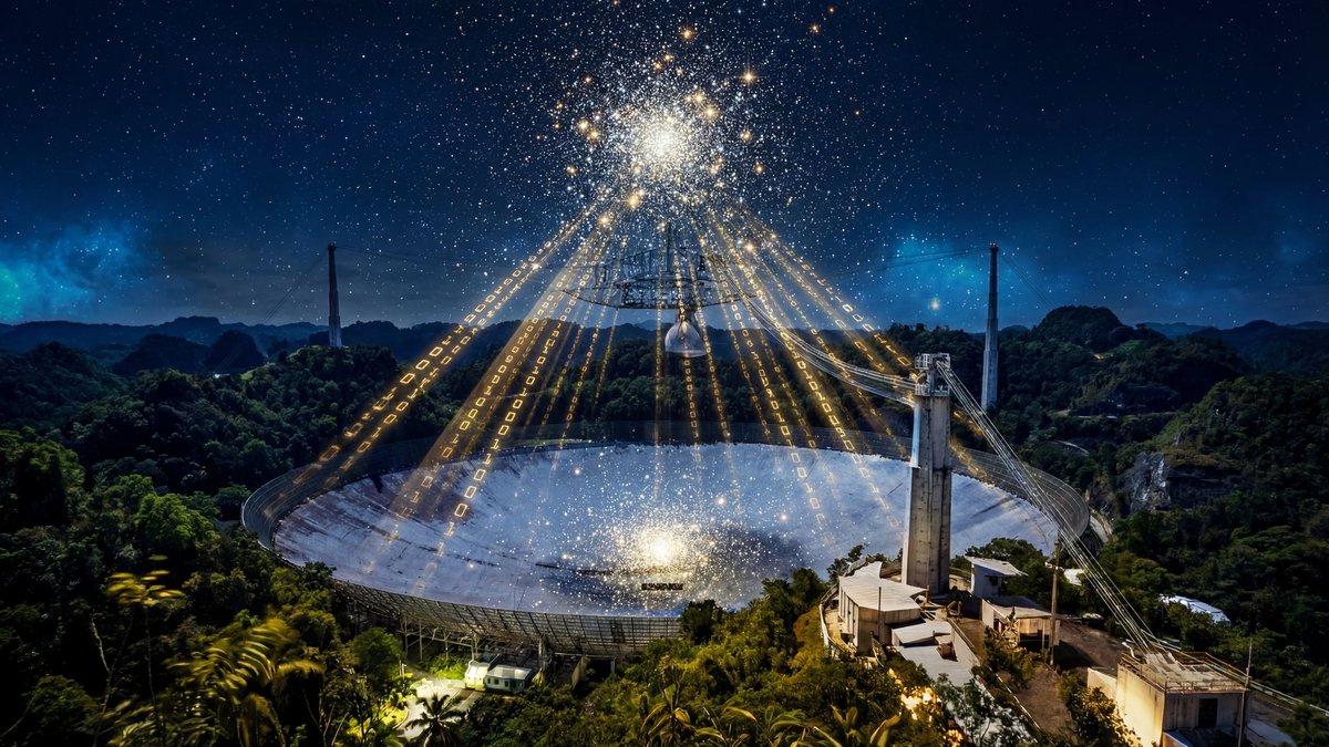The Arecibo radio telescope dish reflecting a dense globular star cluster with binary code patterns glowing in the sky.