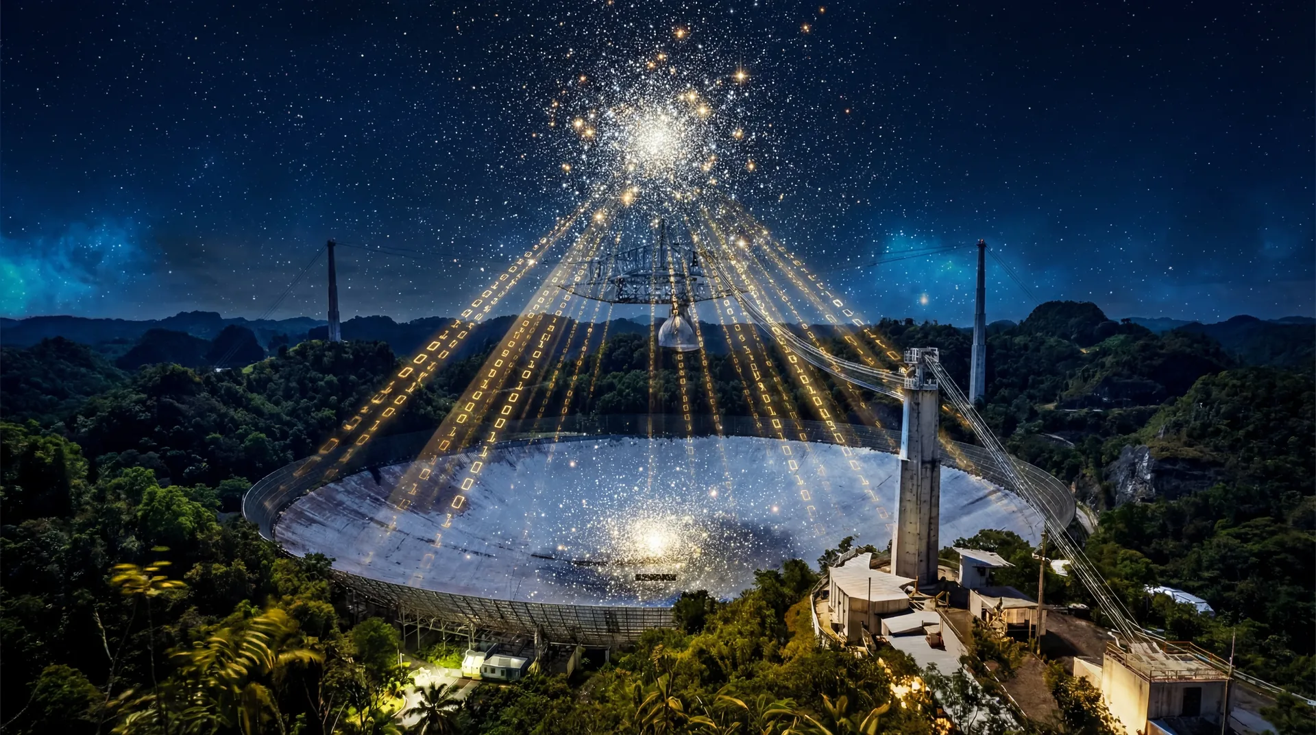 The Arecibo radio telescope dish reflecting a dense globular star cluster with binary code patterns glowing in the sky.