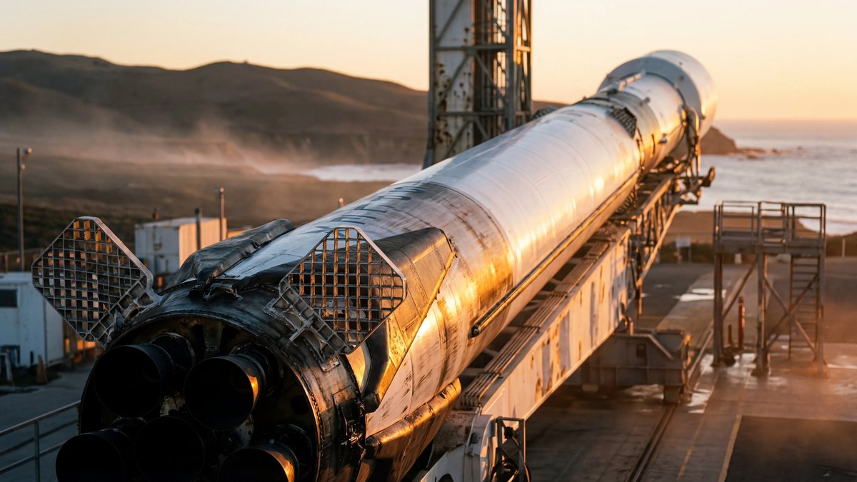 A SpaceX Falcon 9 rocket stands vertically on a launch pad against a warm, golden-hued sunset sky.