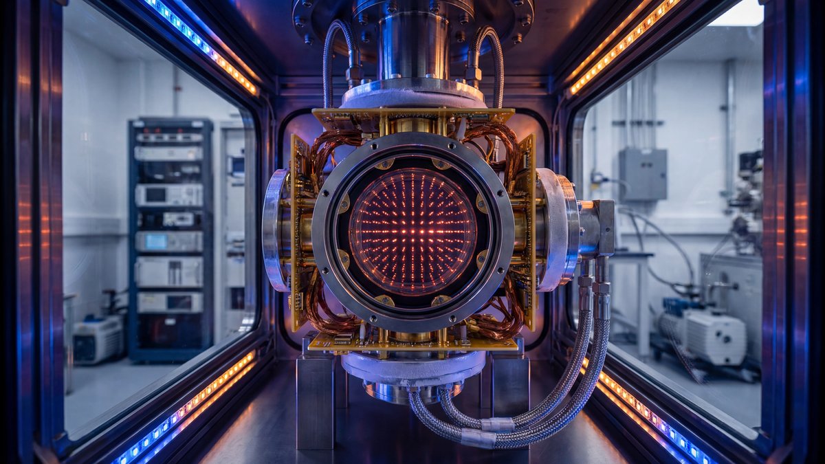 A close-up view of a glowing, structured array of quantum atoms suspended in a high-tech processor core.
