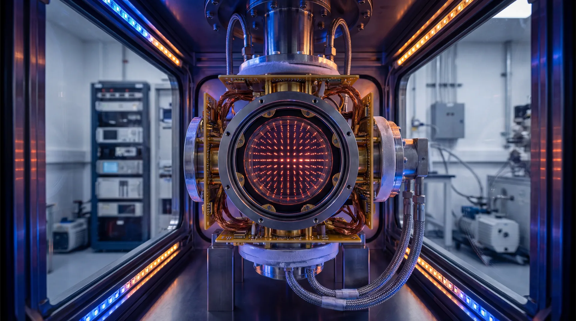 A close-up view of a glowing, structured array of quantum atoms suspended in a high-tech processor core.