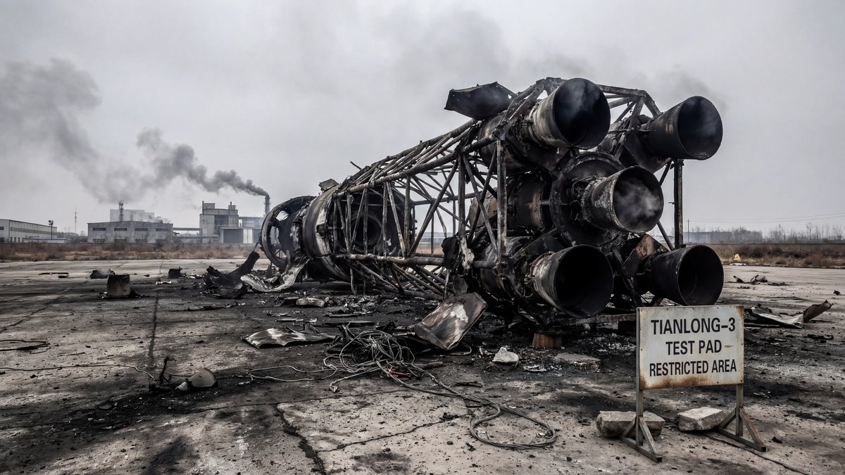 The scorched wreckage of a commercial rocket standing on a concrete launch pad after a failed static fire test.