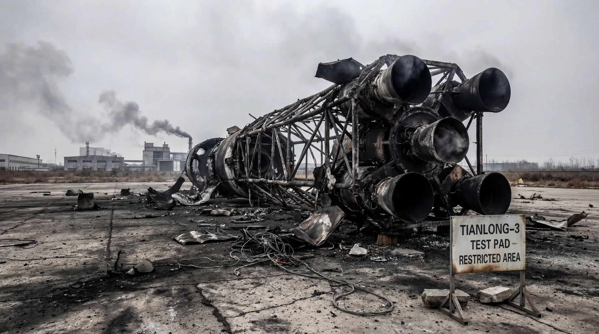 The scorched wreckage of a commercial rocket standing on a concrete launch pad after a failed static fire test.