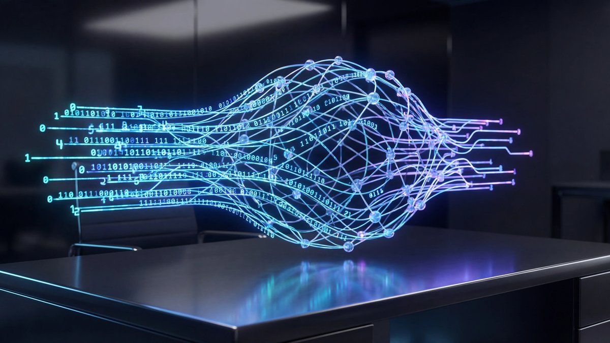 Glowing streams of blue and cyan digital binary code forming a complex abstract structure above a dark metallic surface.