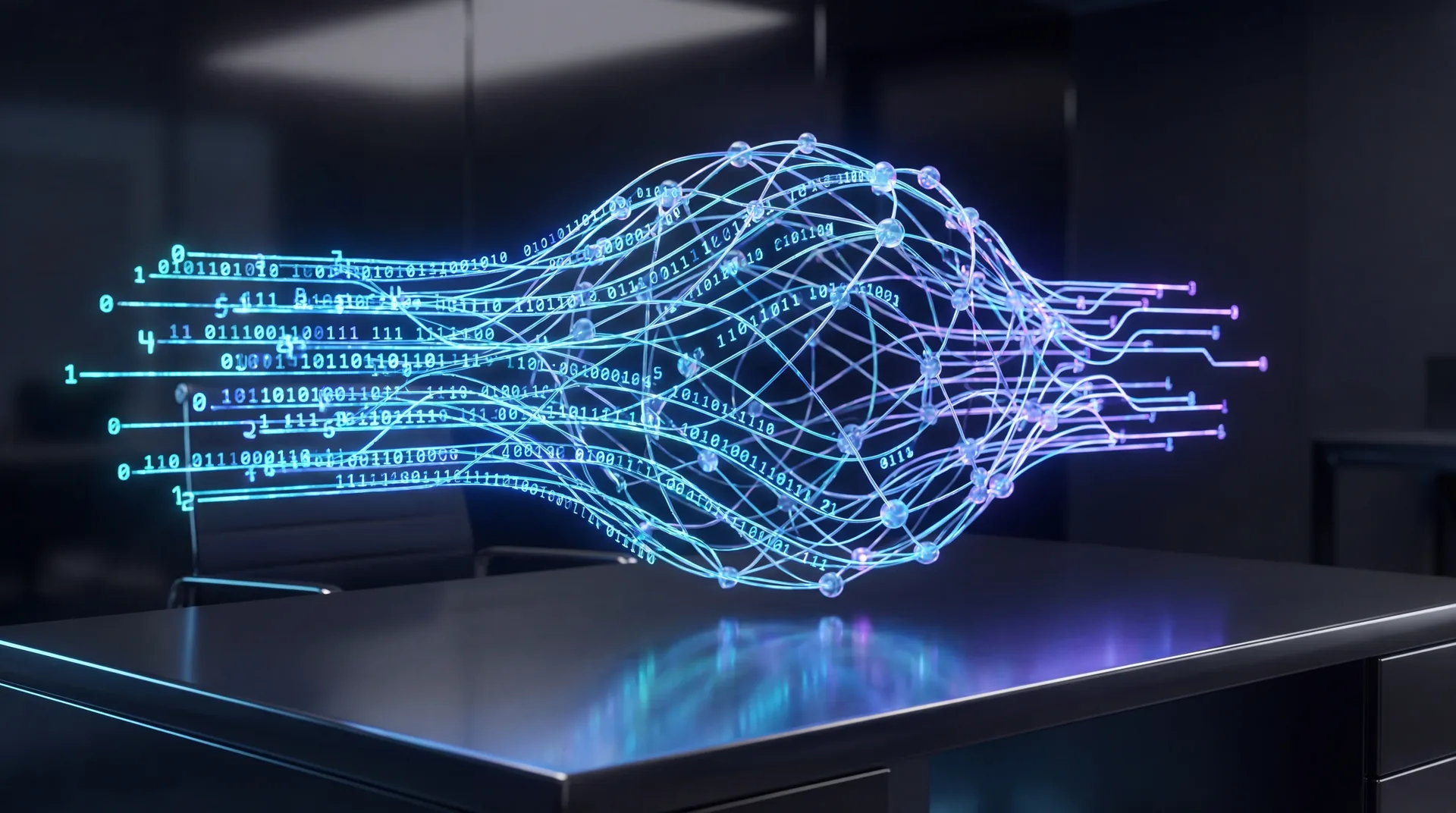 Glowing streams of blue and cyan digital binary code forming a complex abstract structure above a dark metallic surface.