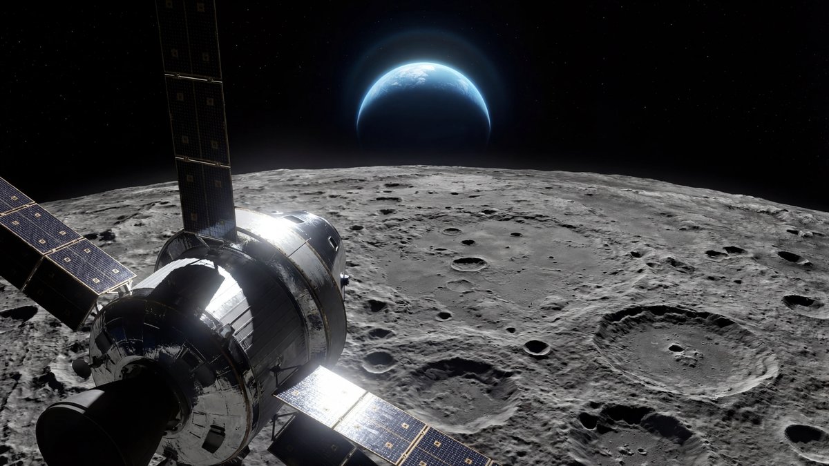 Orion spacecraft orbiting the moon with the Earth visible in the dark starry sky in the distance.